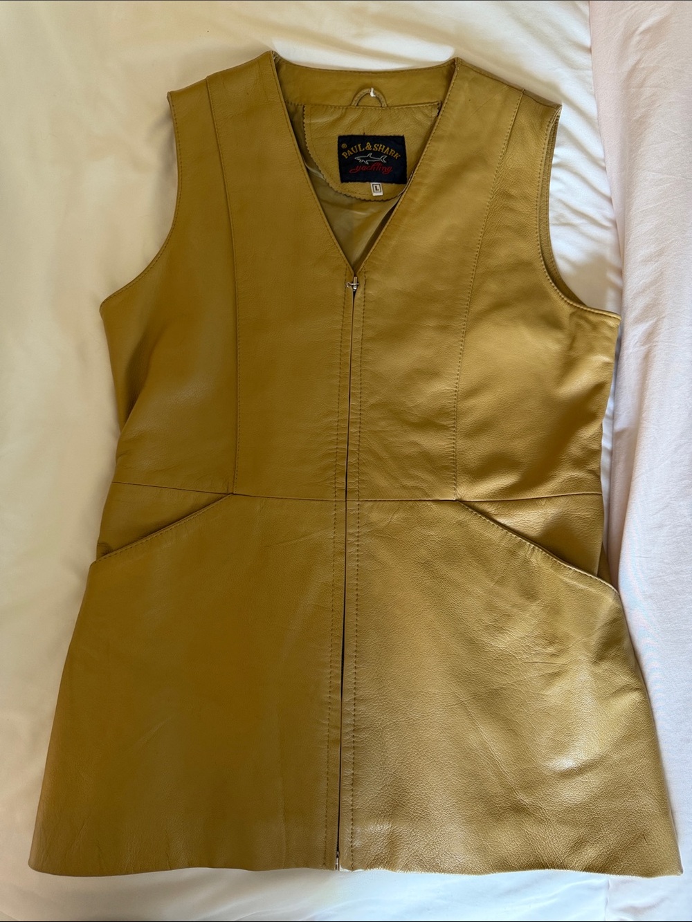 Paul & Shark Olive Leather Sleeveless Zip-Front Tunic